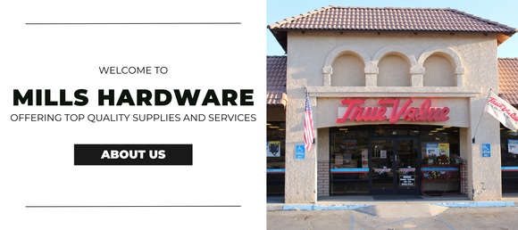 Welcome banner for Mills Hardware featuring a storefront photograph and an 'ABOUT US' button.