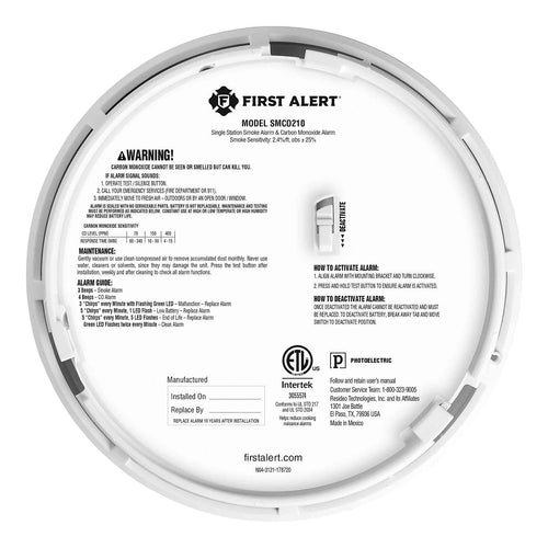 First Alert SMCO210 Sealed 10-Year Battery Combo Smoke and CO Alarm with Slim Profile Design