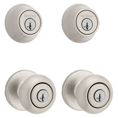 Kwikset Cove Project Pack Two Keyed Knobs and Two Keyed One Side Deadbolts featuring SmartKey Satin Nickel