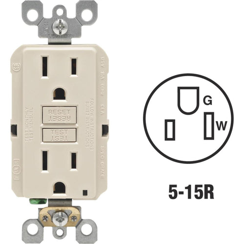 Leviton SmartlockPro Self-Test 15A Light Almond Residential Grade Rounded Corner 5-15R GFCI Outlet